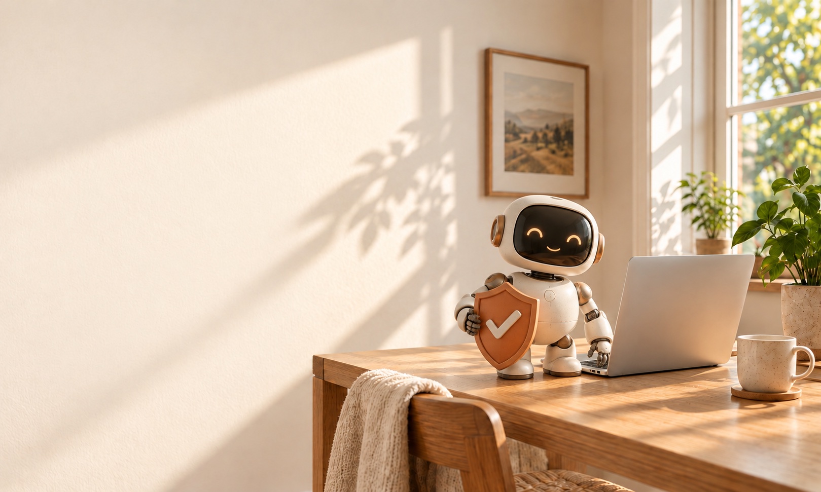 A friendly robot with a shield standing guard beside a laptop.